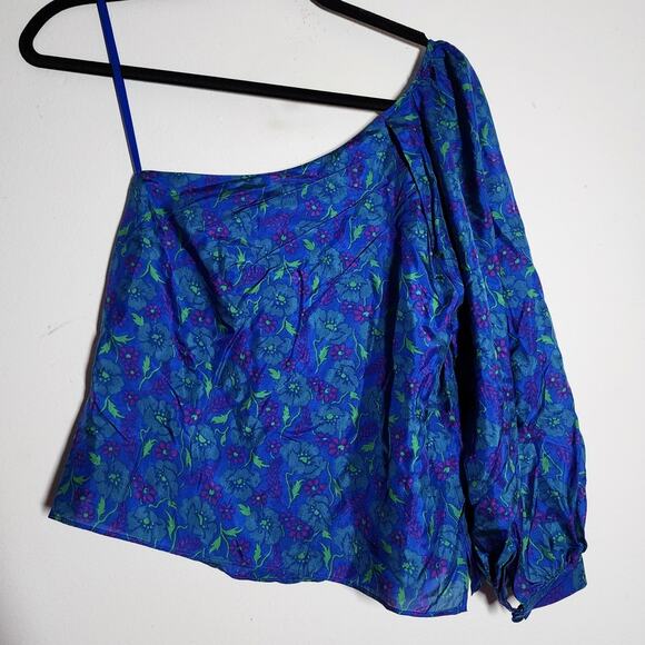 Veronica Beard Lyric Top in Cobalt Floral One Shoulder Blouse - Picture 5 of 10